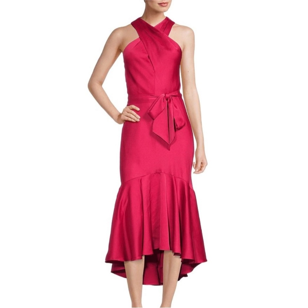 Taylor Satin Ruffle Criss Cross Halter Neck Sleeveless Flounce Midi Dress 6 NEW
